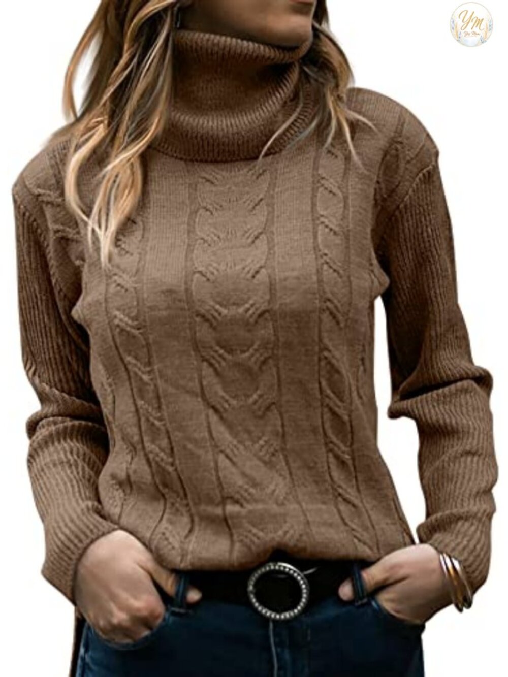 Turtleneck Long Sleeve Cable Knit Pullover Sweater